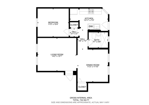 A black and white floor plan of a house with a living room, dining room, kitchen, and bathroom.
